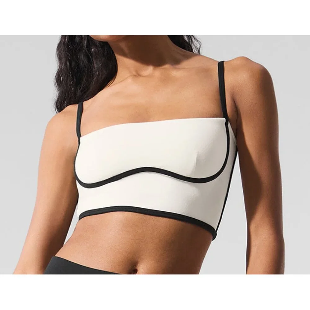 Alo Airbrush Streamlined Bra Tank Ivory Black Padded Sports Bralette Crop Top XS